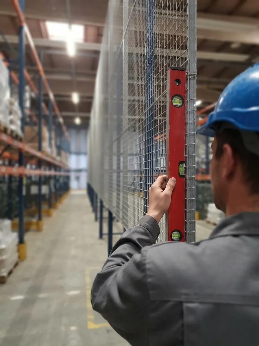 Een medewerker controleert de waterpas van een magazijnstelling in een opslagruimte