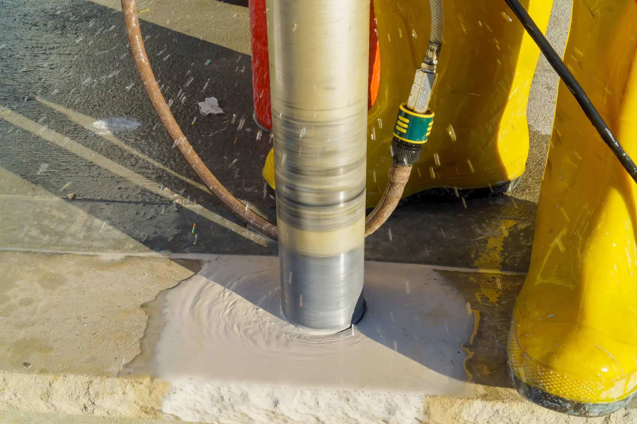 Een betonnen kernboor in gebruik, met waterdruppels rond de boor