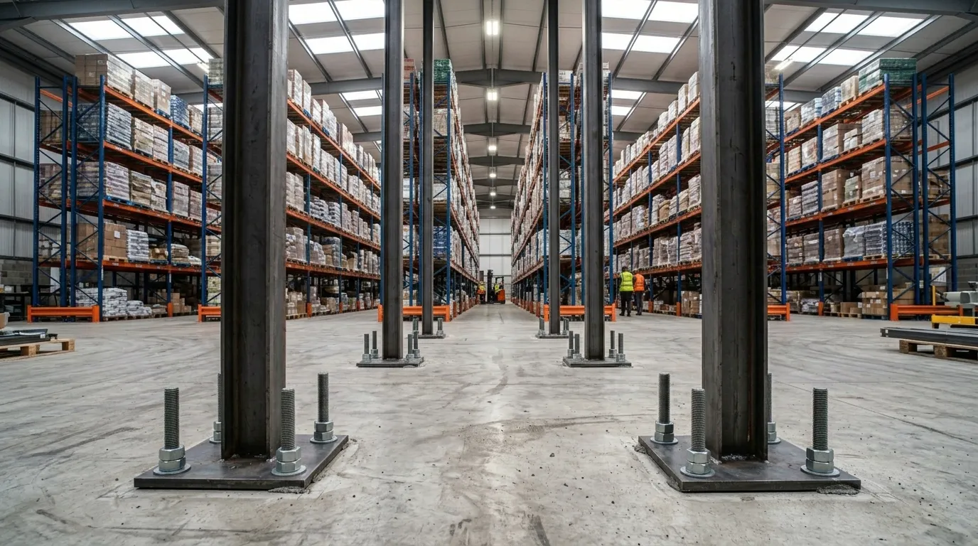 Een magazijn met stalen draagstructuren en palletstellingen voor opslag