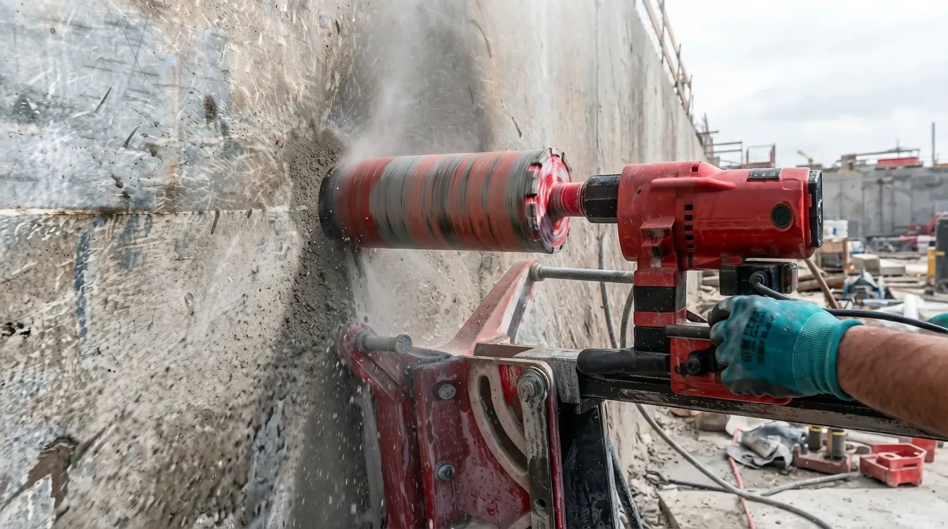 Een boormachine die betonboringen uitvoert in een constructieomgeving