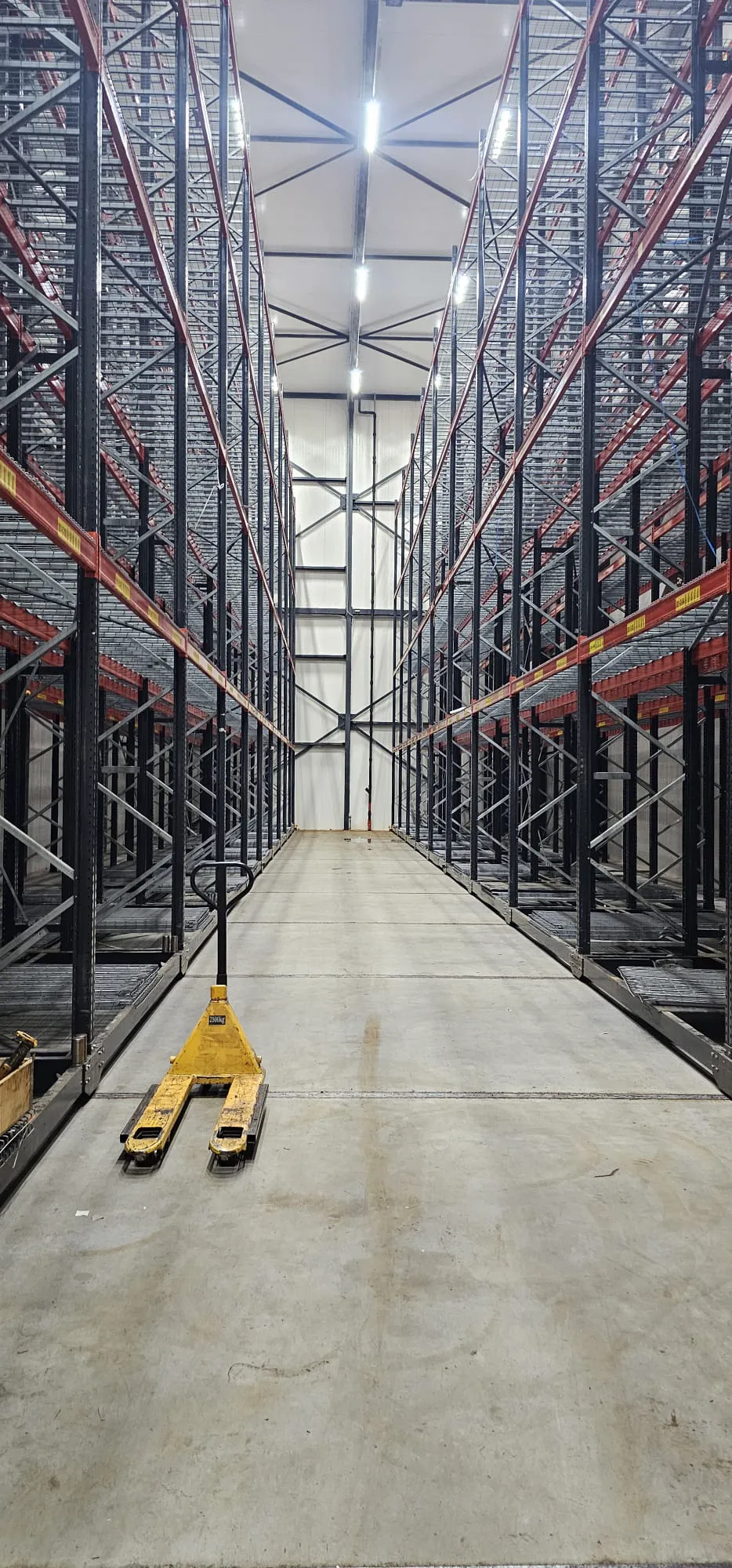 Interior van een magazijn met stalen palletstellingen en een centrale loopruimte