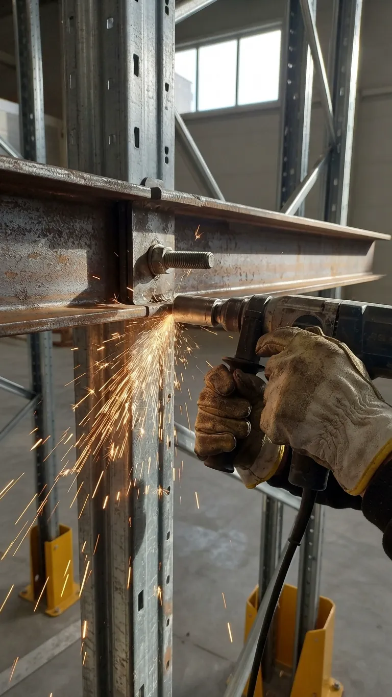 Een werknemer voert een lasbewerking uit op een stalen constructie met vonken in een magazijn